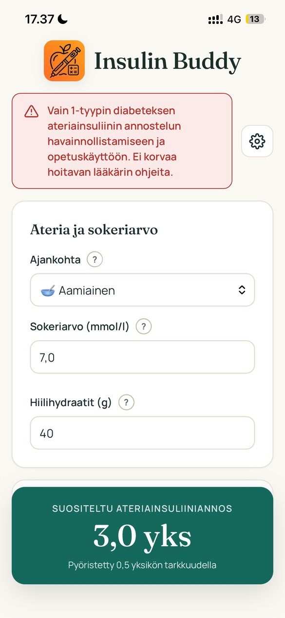 Etusivu, jossa käyttäjä syöttää ateria-ajan, sokeriarvon ja hiilihydraatit.