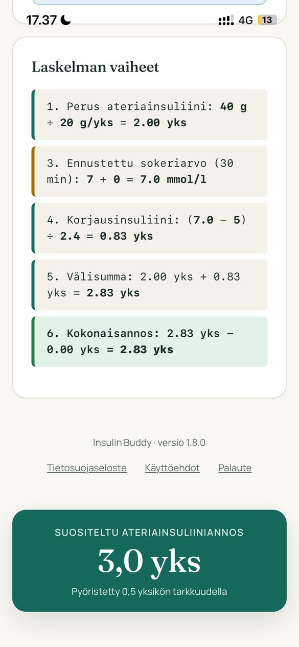 Laskelman vaiheet ja suositeltu ateriainsuliiniannos.