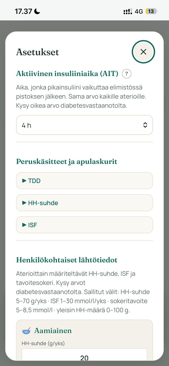 Asetukset-näkymä, jossa määritellään aktiivinen insuliiniaika ja ateriaprofiilit.